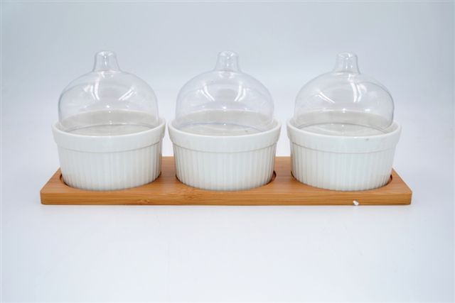 Antipastiera Ciotoline in Ceramica con Base in Legno 3 Coppette con Coperchi