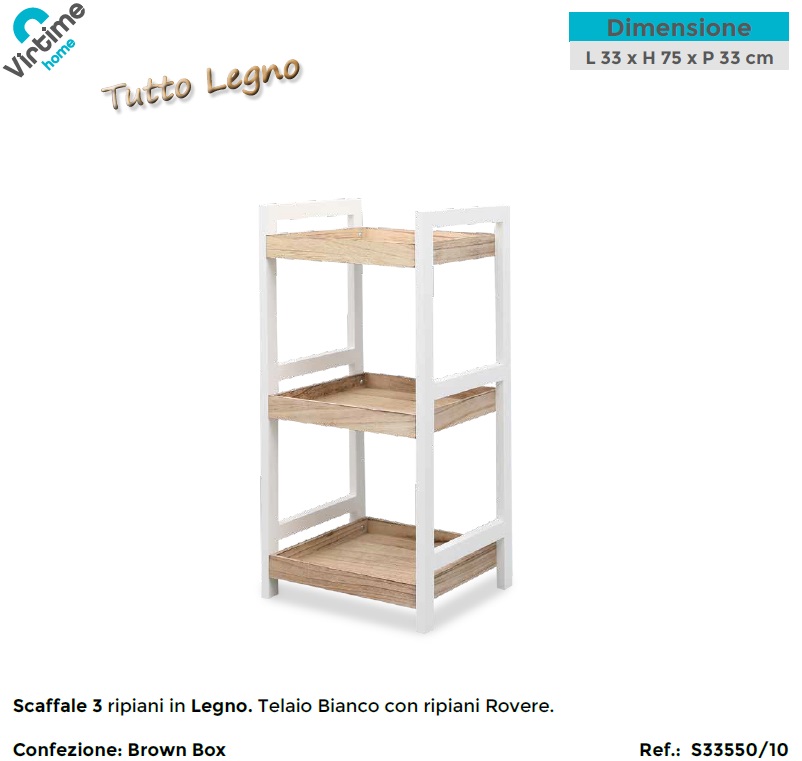 Scaffale In Legno Massello 3 Ripiani 89x63x33 Cm - Per Libreria, Cantina, Ufficio
