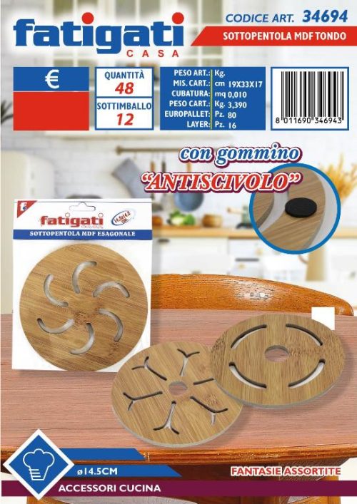 1 Pezzo Sottopendola da Cucina in Legno MDF Tondo 14,5 cm Vari Decori –