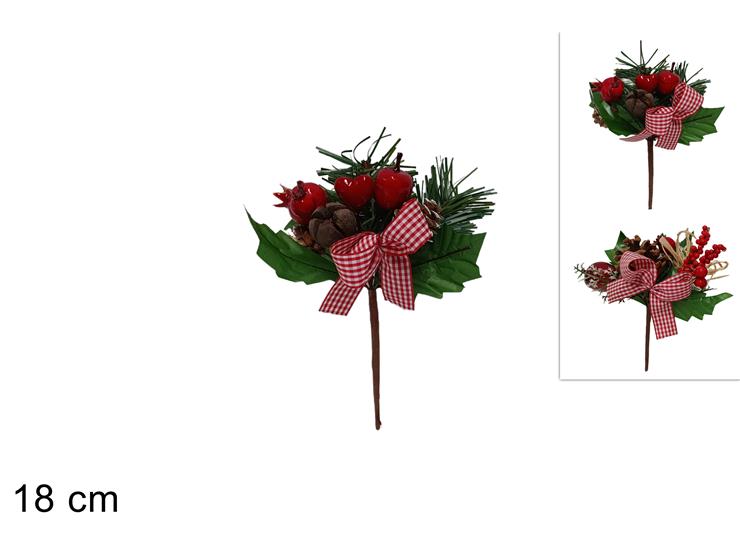 Decorazione Natalizia Rametto con Fiori Spillone con Fiocco 18 cm