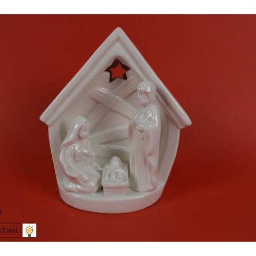 Decorazione Natale Presepe Natività in Ceramica Sacra Famiglia con Luce 16 cm - immagine 1