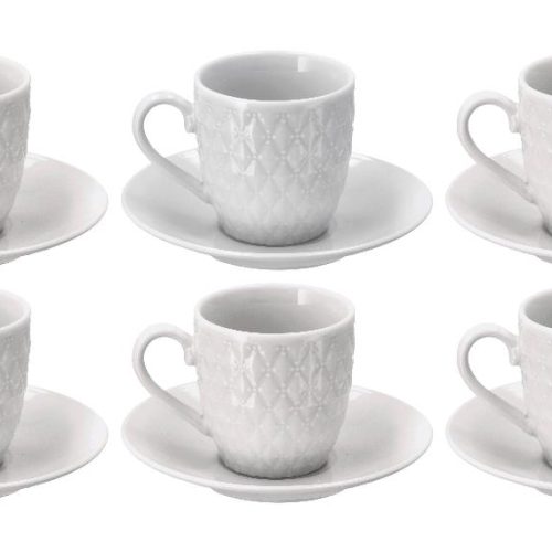 Set 6 Tazzone Tazze da Caffè in Porcellana Bianca con Piattino Decorata - immagine 1