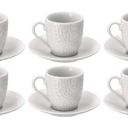 Set 6 Tazzine Tazze Caffè con Piattino in Porcellana Rilievo Bianca - immagine 1
