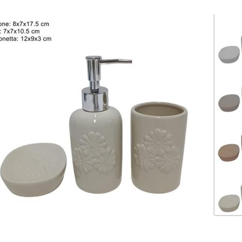 Set 3 Pezzi Accessori Bagno Dispenser Portasapone Portaspazzolini Fiori 4 Colori - immagine 1