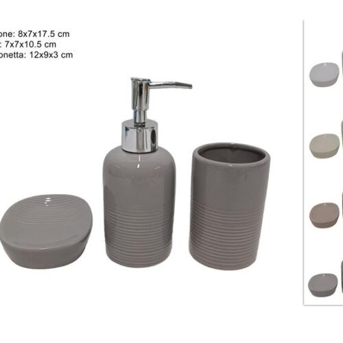 Set 3 Pezzi Accessori Bagno Dispenser Portasapone Portaspazzolini Righe 4 Colori - immagine 1