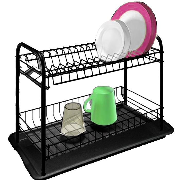 Scolapiatti 2 Livelli Bianco Con Vassoio Antigoccia - Acciaio Inox Con Porta Bicchieri, Utensili E Tagliere