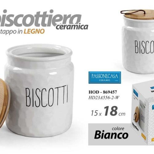 Barattolo Biscottiera da Cucina in Ceramica Bianca con Tappo in Legno 18 cm - immagine 1