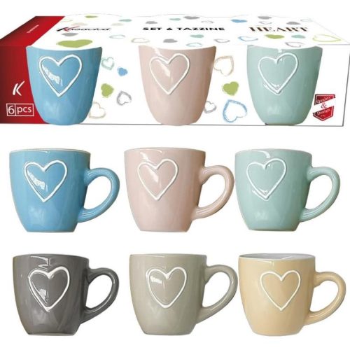 Set 6 Tazzine Tazze Caffè senza Piattini in Ceramica Multicolor Heart - immagine 1