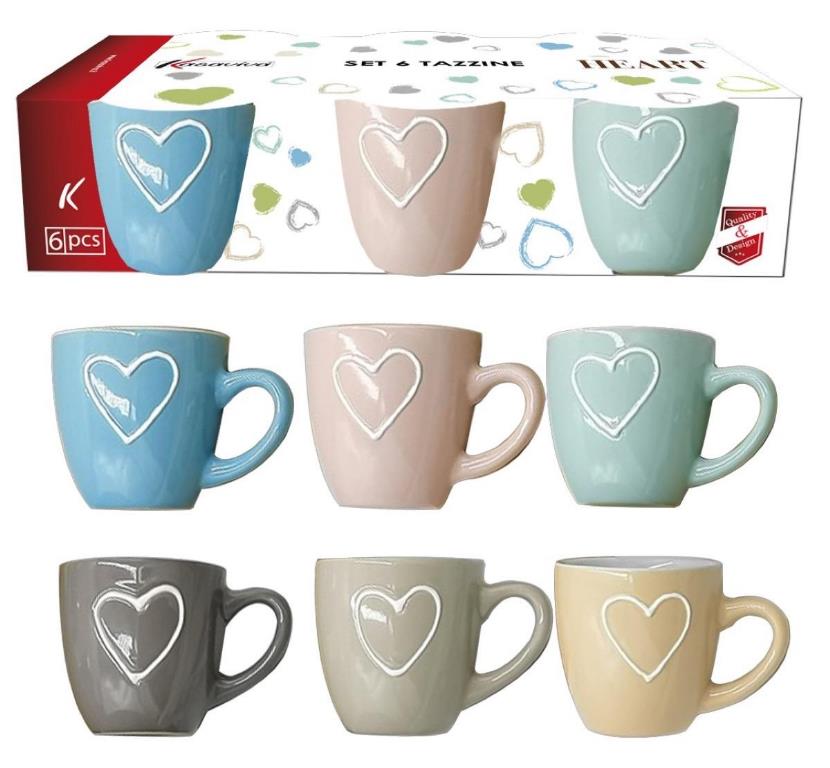 Set 6 Tazzine Tazze Caffè senza Piattini in Ceramica Multicolor Heart