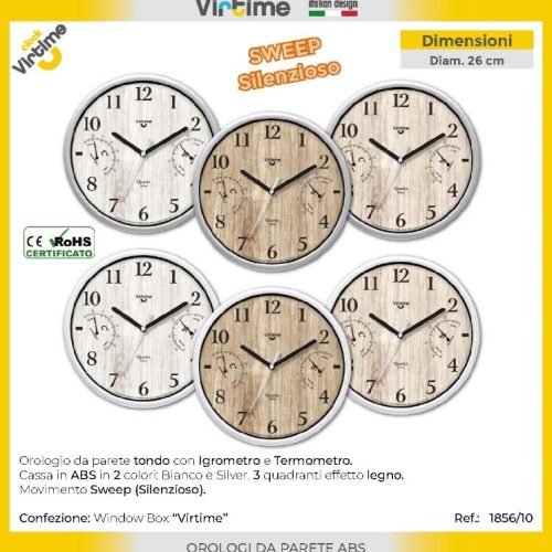 Orologio da Parete in Abs Tondo con Igrometro e Termometro 26 cm 2 Colori 3 Quadranti - immagine 1