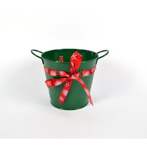 Secchiello in Metallo Decorativo Natale Natalizio Verde con Nastro 17 x 15 cm - immagine 1