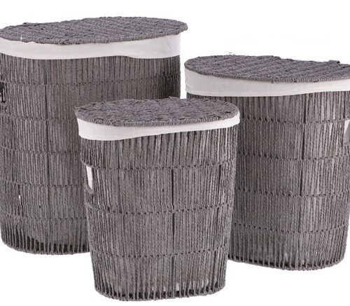 Set 3 Pezzi Portabiancheria Ovali in Carta e Polycotton Grigio - immagine 1