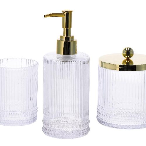 Set 3 Pezzi Accessori Bagno in Vetro Trasparente Dettagli Oro - immagine 1
