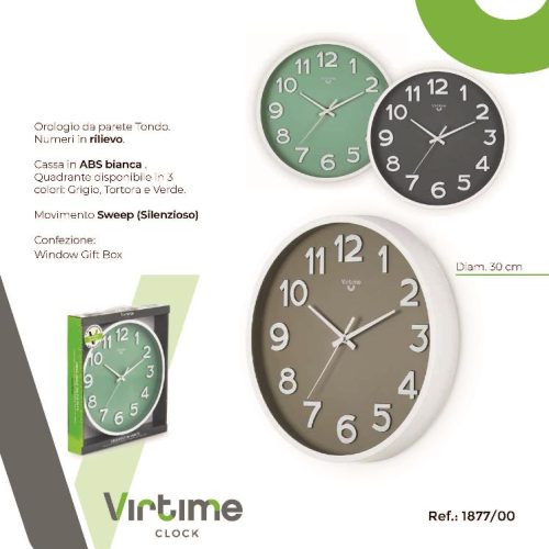 OROLOGIO PARETE BIANCO FONDO COLOR 30cm 1877/00 VIRTIME - immagine 1