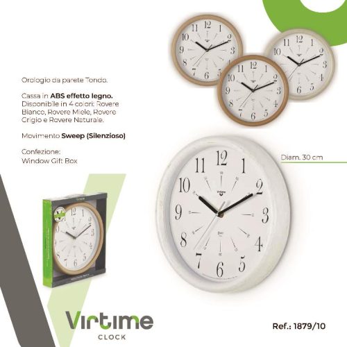 OROLOGIO PARETE EFF. LEGNO FONDO BIANCO 30cm 1879/10 VIRTIME - immagine 1