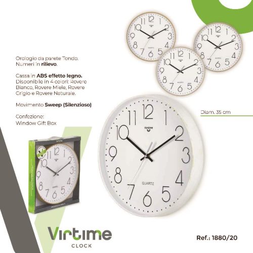 OROLOGIO PARETE EFF. LEGNO FONDO BIANCO 35cm 1880/20 VIRTIME - immagine 1