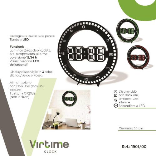 OROLOGIO PARETE/TAV. LED DATA/TEMP/ALARM 30cm 1901/00 VIR - immagine 1