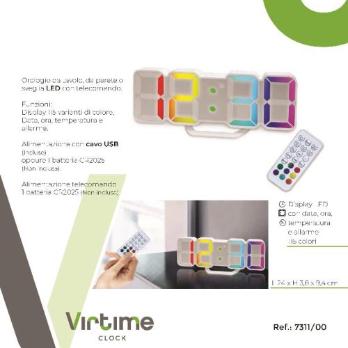 OROLOGIO SVEGLIA LED DATA/TEMP. 24x3,8cm 7311/00 VIRTIME - immagine 1