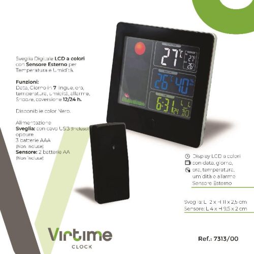 OROLOGIO SVEGLIA LCD DATA/METEO 12x11cm 7313/00 VIRTIME - immagine 1