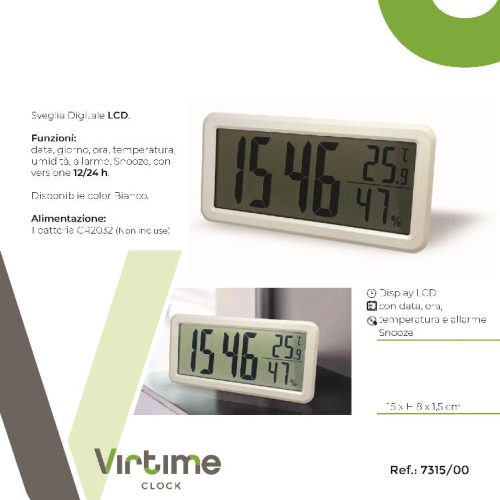 OROLOGIO SVEGLIA LCD DATA/TEMP/UMID. 15x8cm 7315/00 VIRTIME - immagine 1
