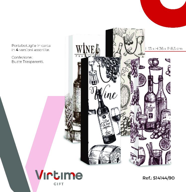 1 Pezzo Busta Regalo Portabottiglia Wine 13 x 36 x 8, cm 4 Decori