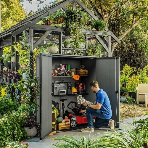 Keter Porta Attrezzi da Esterno Cortina Alto, Ideale per il Giardino, Grigio Scuro, 140x73,6x170,4H cm, 1400 L - immagine 3