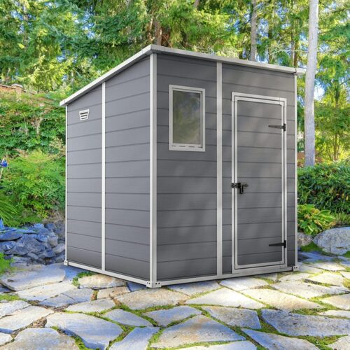Keter Casetta da giardino Manor Pent 6x6, Finitura Effetto Legno Graffiato, Grigia, 183,5x185x200 H Cm - immagine 3